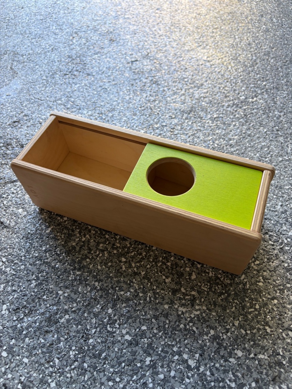 Lovevery Sliding Wooden Box Ball Toy with Lime Green Slide Top